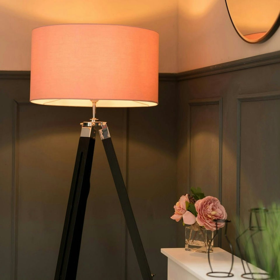 image 1 of ValueLights Clipper Black Tripod Floor Lamp Large Pink Shade