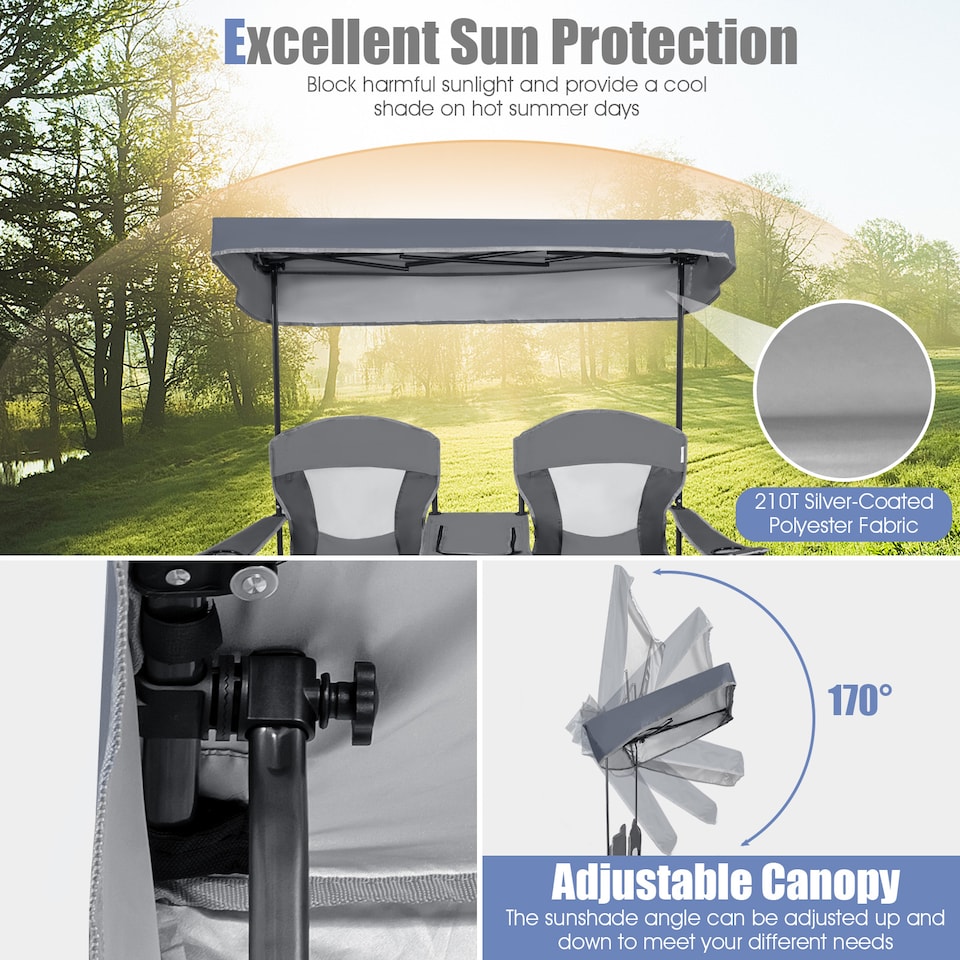 image 1 of COSTWAY Double Sunshade Folding Chairs 2-person Chairs | Grey
