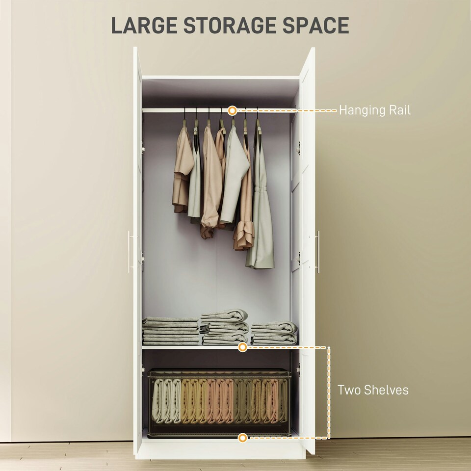image 1 of HOMCOM Wardrobe for Bedroom, Double Wardrobe with Hanging Rail, White