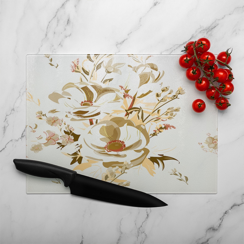image 1 of Golden Flower Print Glass Chopping Board | Multi