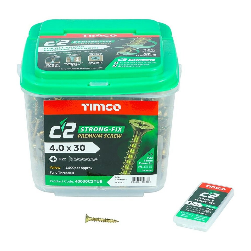 image 1 of Timco - C2 Strong-Fix Multi-Purpose Premium Screws - PZ - Double Countersunk - Yellow (Size 4.0 x 30 - 1500 Pieces)