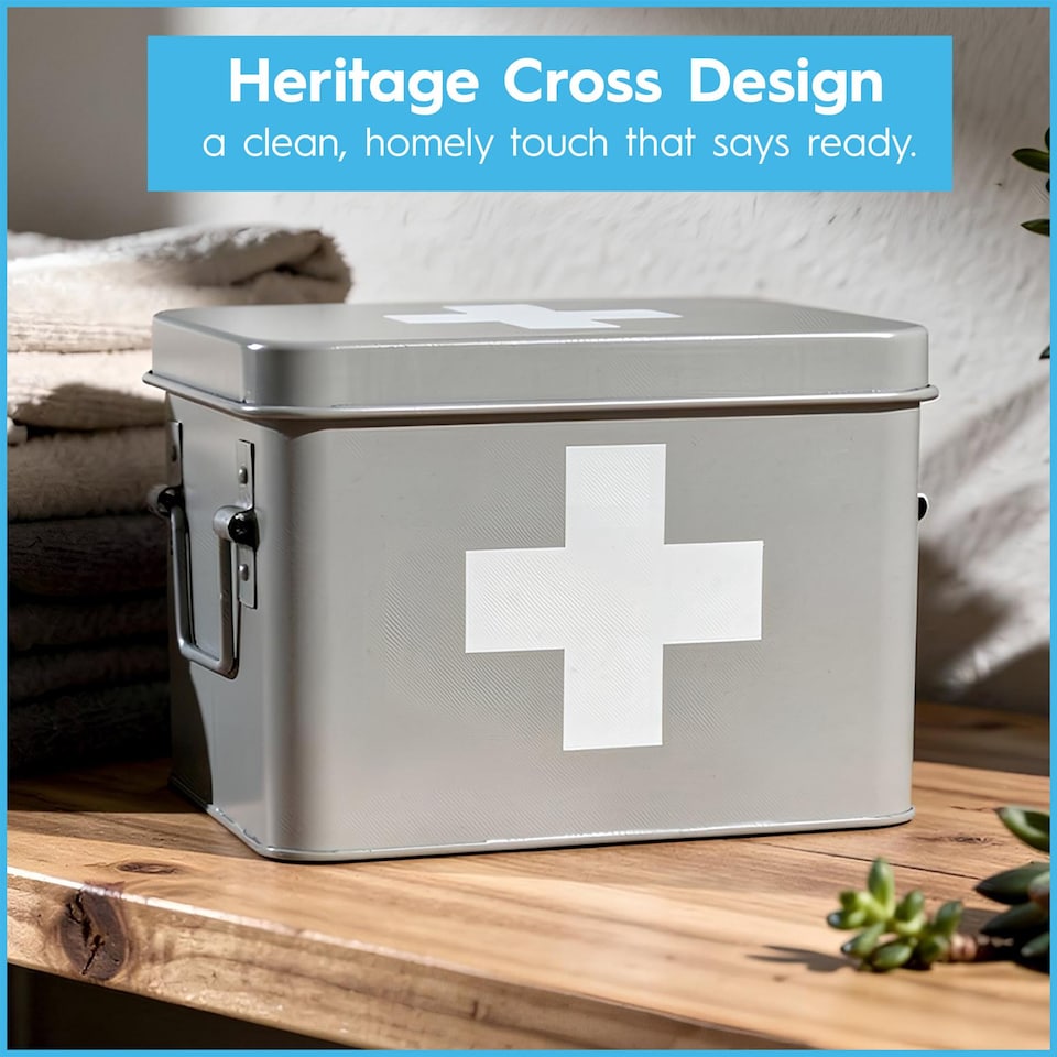 image 1 of Harbour Housewares Metal First Aid Box - 23cm - Medical Storage Tin with Airtight Lid, Handles & Removable Organiser Tray | White | White | 1