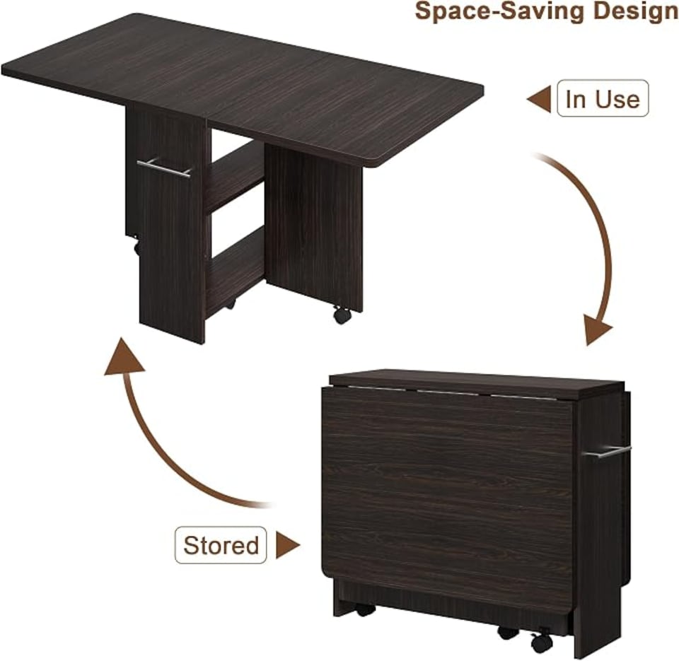 image 1 of London Boutique Dark Walnut Drop Leaf Folding Dining Table, Mobile Kitchen Island with Lockable Wheels & Storage Shelves