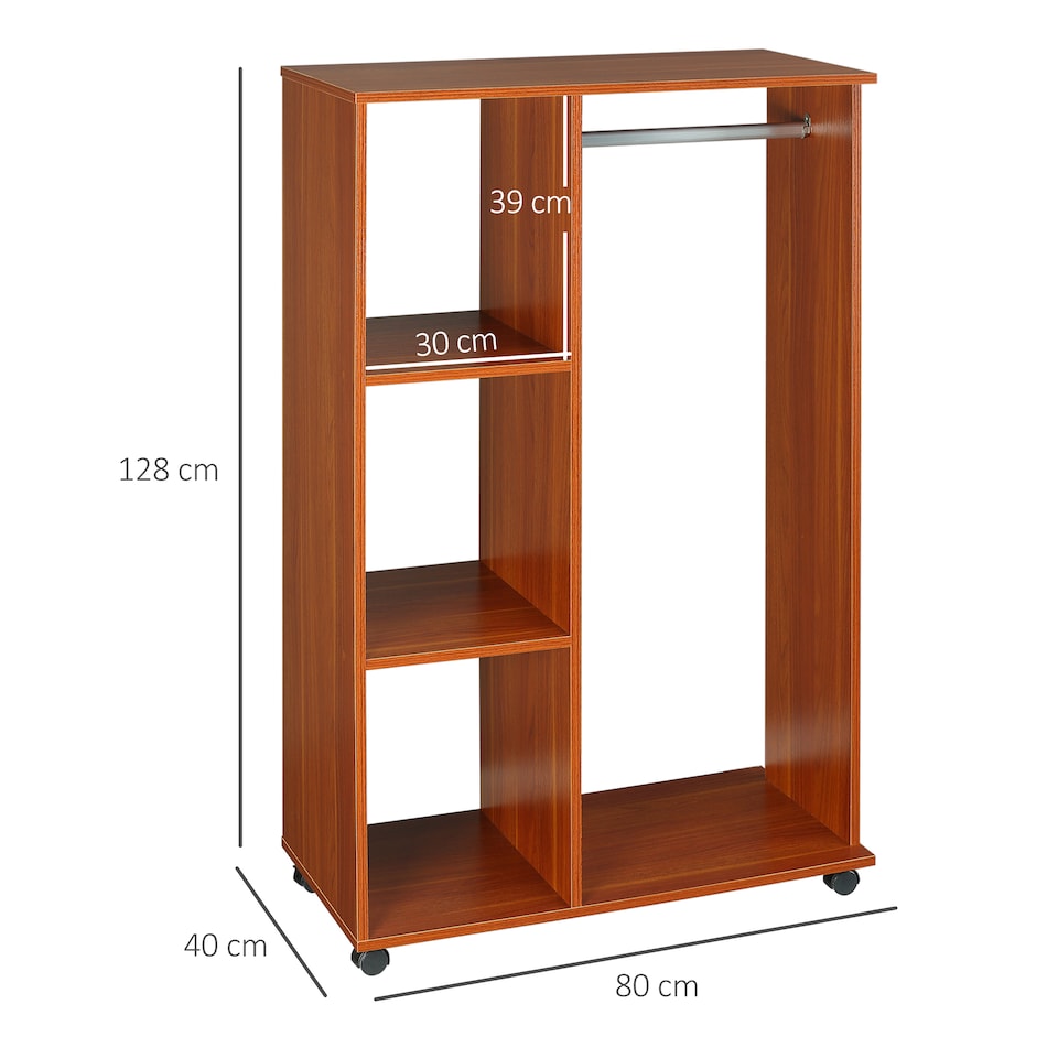 image 1 of HOMCOM Open Wardrobe on Wheels, Bedroom Wardrobe with Clothes Hanging Rail, 3 Storage Shelves, Mobile Garment Rack for Cloakroom, Hallway, Walnut