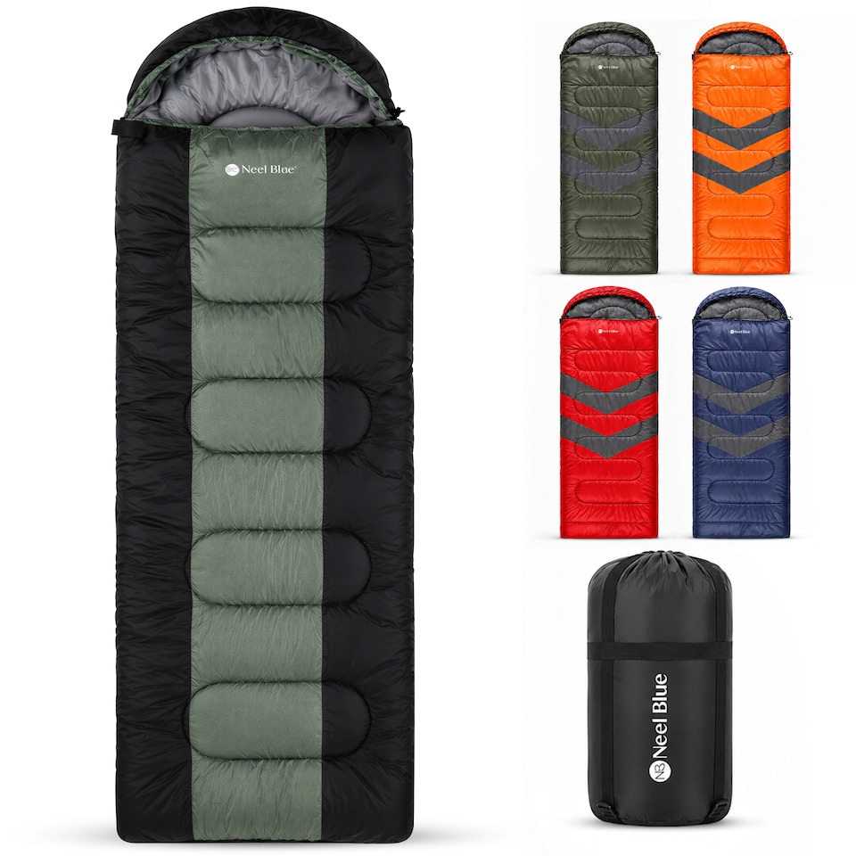 image 1 of 420GSM Hooded Sleeping Bag, Straight Design Waterproof Gear - Green & Black