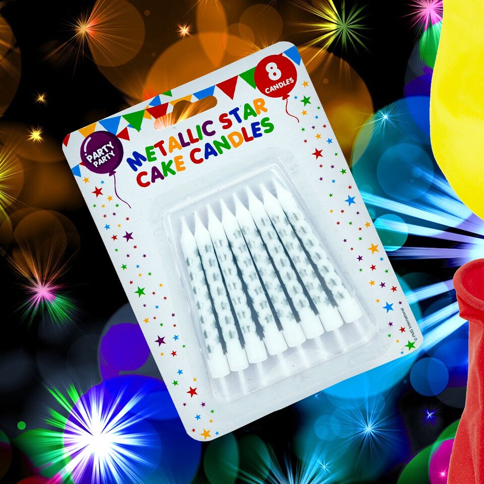 image 1 of PMS 8 Metallic Silver Birthday Cake Candles with Star Design