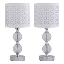 First Choice Lighting Set of 2 Chrome Two Ball Table Lamps with White Cut Out Shades Chrome | White