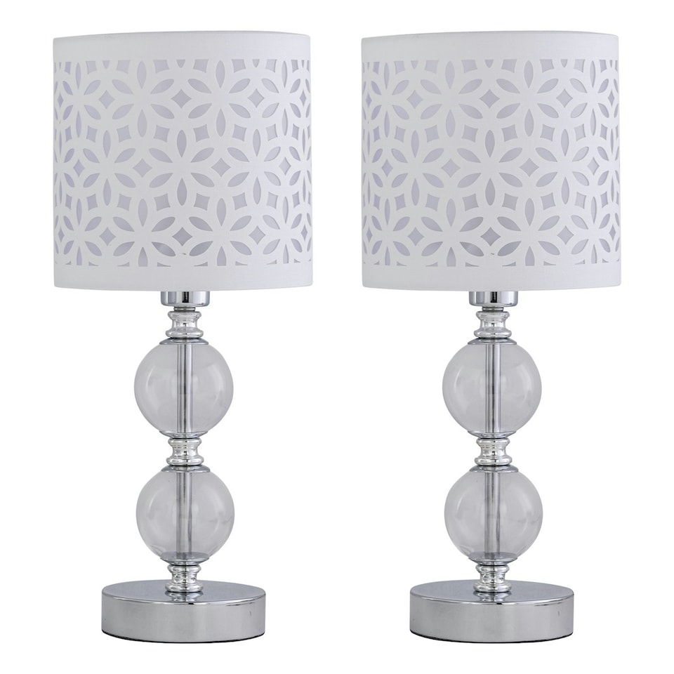image 1 of First Choice Lighting Set of 2 Chrome Two Ball Table Lamps with White Cut Out Shades Chrome | White