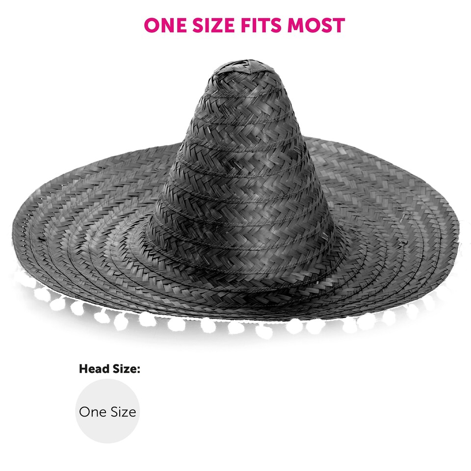 image 1 of Adult Black Pom-Pom Sombrero – Fancy Dress Mexican Hat | Black | 3