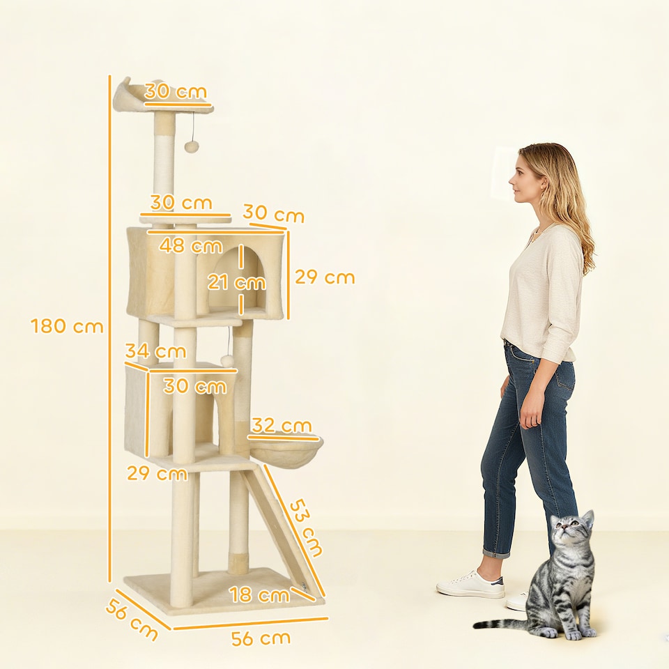 image 1 of PawHut 180cm Cat Tree, Multi-Level Large Cat Tower with 3 Sisal Scratching Posts, Condos, Plush Perches, Hammock, Ladder, Dangling Balls, Kitten Activity Centre for Kittens Playing Relaxing | Cream