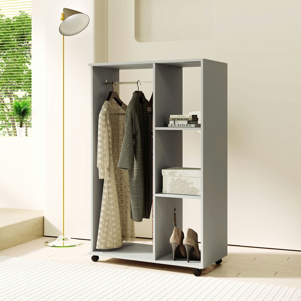 image 1 of HOMCOM Rolling Open Wardrobe Hanging Rail Storage Shelves for Clothes, Grey