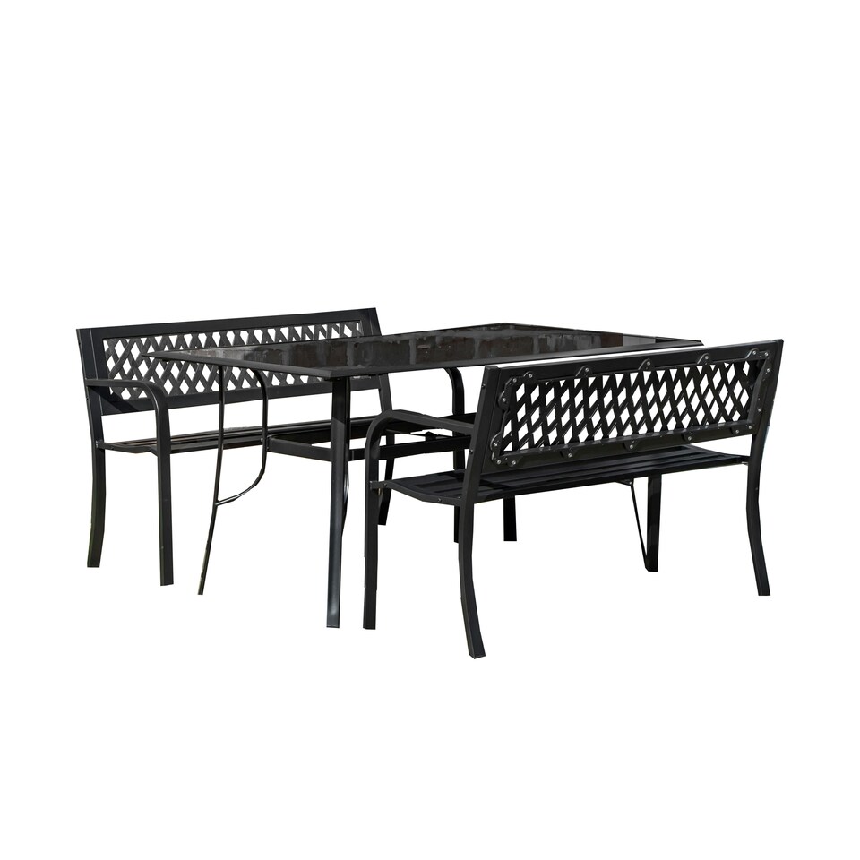 image 1 of Outdoor 4 Person Rectangular Glass Top Garden Dining Table and 2 Benches Set