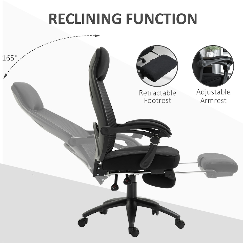 image 1 of Vinsetto Mesh Swivel Task Chair for Home Office Desk Recliner w/ Footrest Black