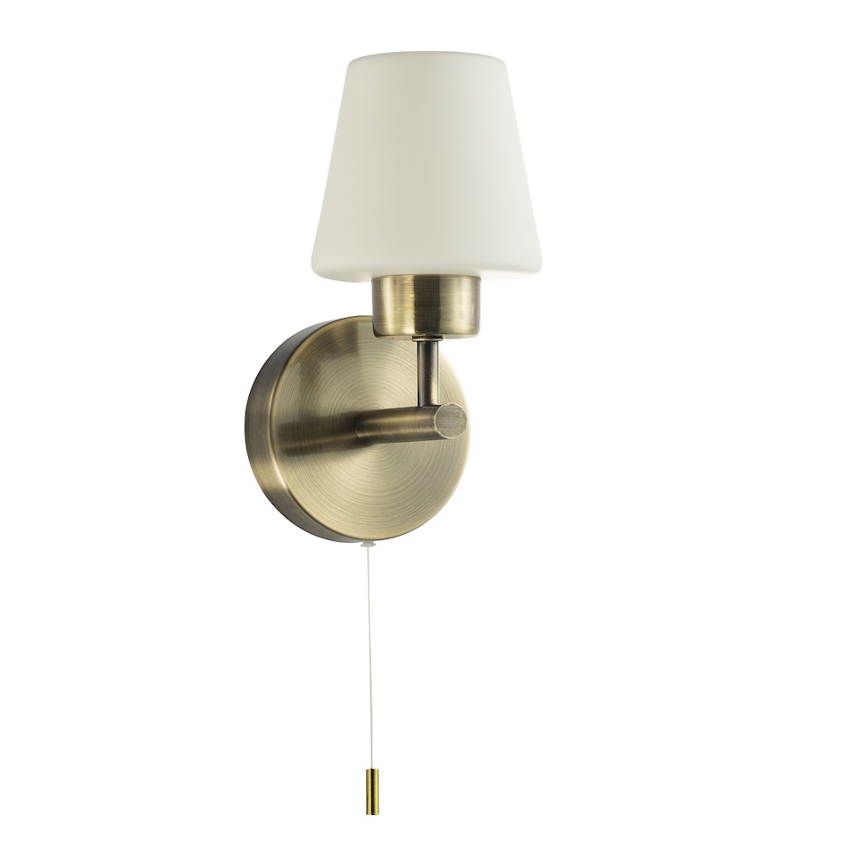 image 1 of Modern Antique Brass and Opal Glass IP44 Rated Bathroom Wall Lighting Fixture | Gold