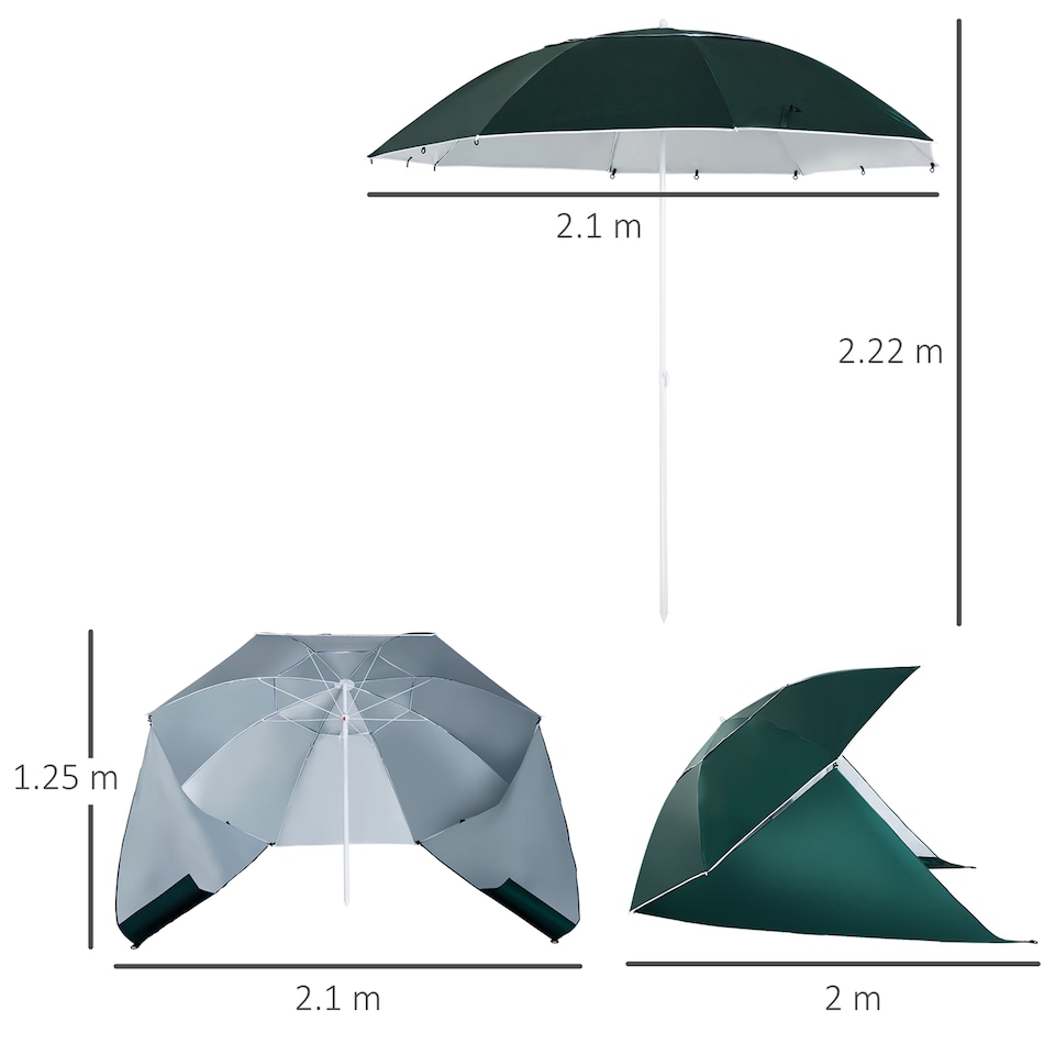 image 1 of Outsunny 2m UV Protection Fishing Beach Umbrella Brolly Shelter w Side Panel Tent, Carry Bag, Green