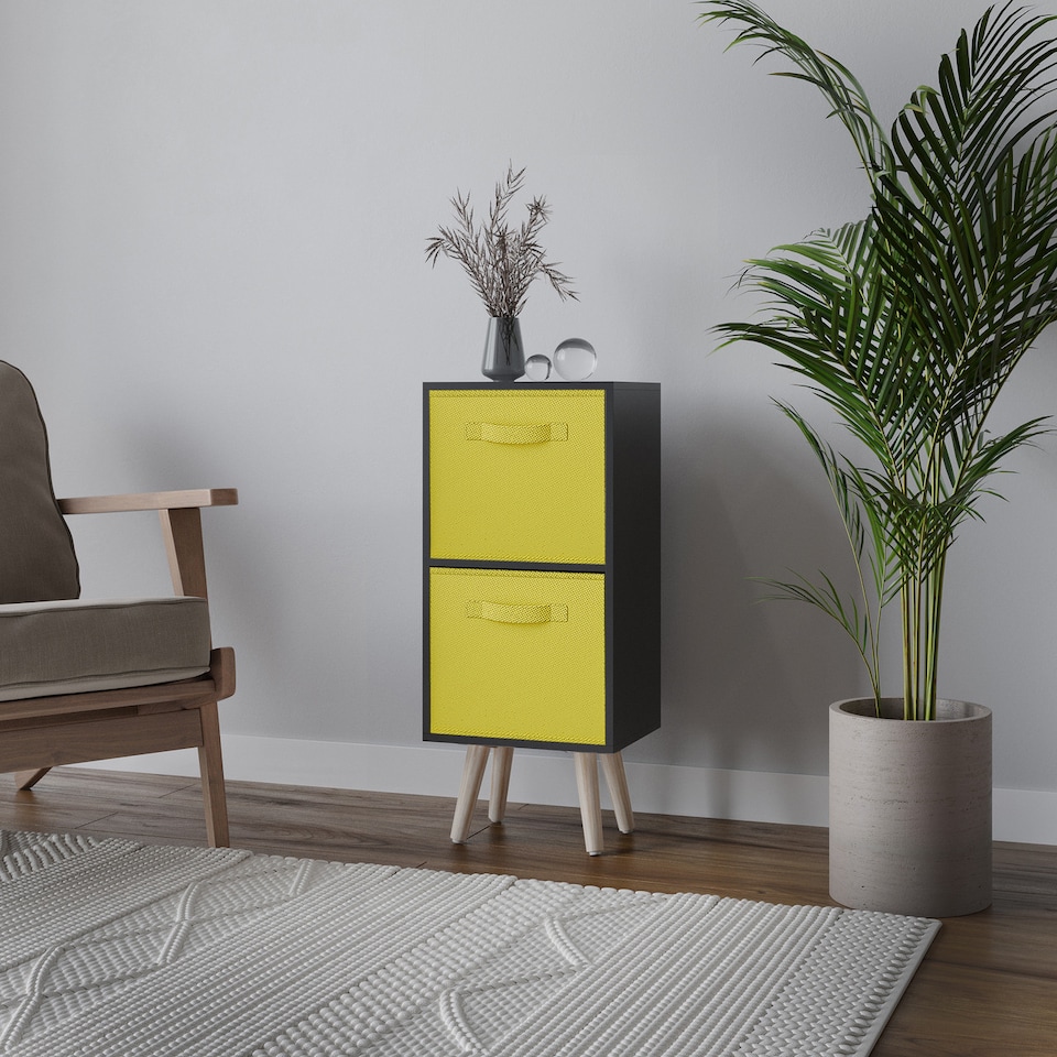 image 1 of Black 2-Tier 2-Drawer Cube Shelving Unit with Scandinavian Legs | Yellow | Yellow & Pine | 1