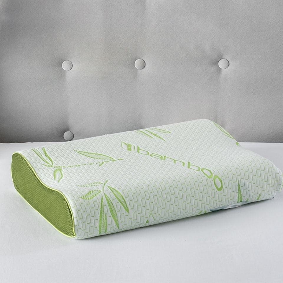 image 1 of Small Bamboo Memory Foam Contour Neck Support Organic Orthopaedic Pillow Green