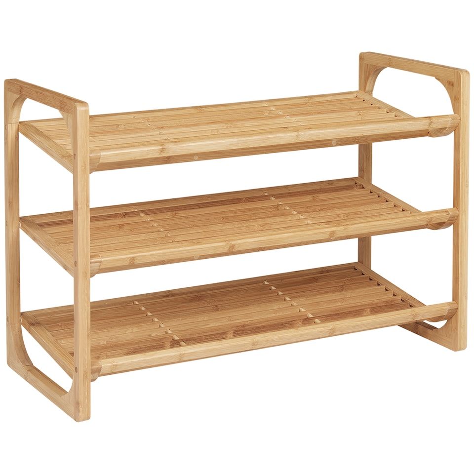image 1 of HOMCOM 3-Tier Shoe Rack, Bamboo Shoe Storage Organizer with Slatted Shelves, Free Standing Shoe Shelf Stand for 9 Pairs of Shoes for Entryway, Hallway, Natural