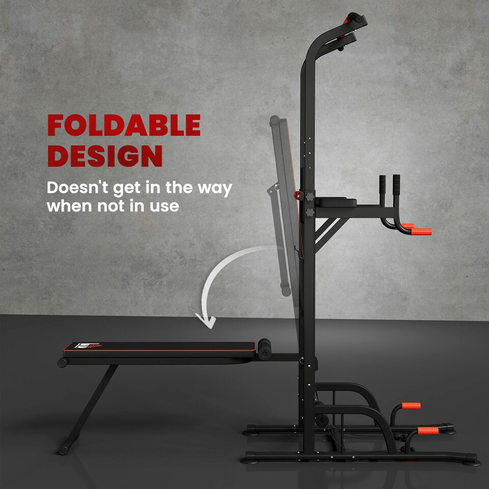 image 1 of HOMCOM Multifunction Home Workout Station Tower Steel Frame w/ Bench Bars Ropes