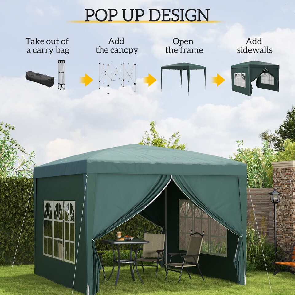 image 1 of Outsunny 3 x 3 m Garden Pop Up Gazebo, Wedding Party Tent Marquee, Water Resistant Awning Canopy with Sidewalls, Windows, Carry Bag, Green