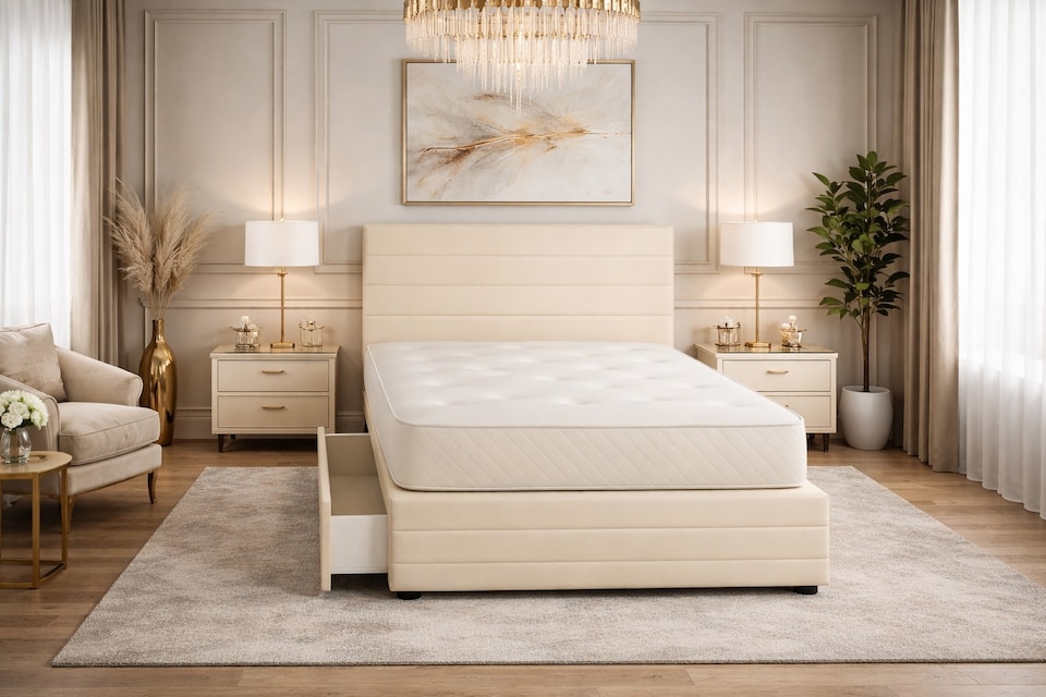 image 1 of Divan Bed Set Headboard and Footboard with Mattress 5ft Kingsize Cream Suede Storage 2 Drawers Left Side Laying in Bed