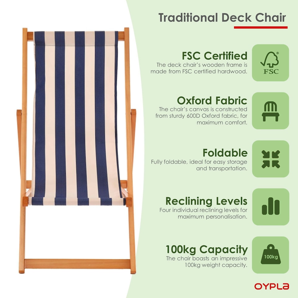 image 1 of Oypla Traditional Folding Hardwood Garden Beach Deck Chairs Deckchairs Blue