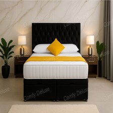 Chesterfield Black Plush Velvet End Lift Ottoman Divan Bed 4ft Small Double with Headboard & Mattress