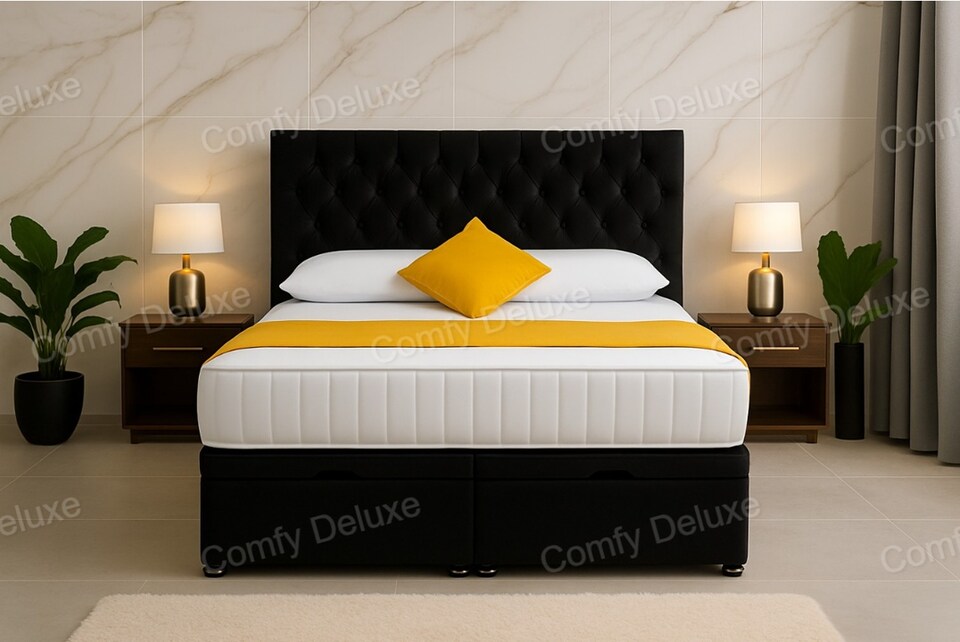 image 1 of Chesterfield Black Plush Velvet End Lift Ottoman Divan Bed 4ft Small Double with Headboard & Mattress