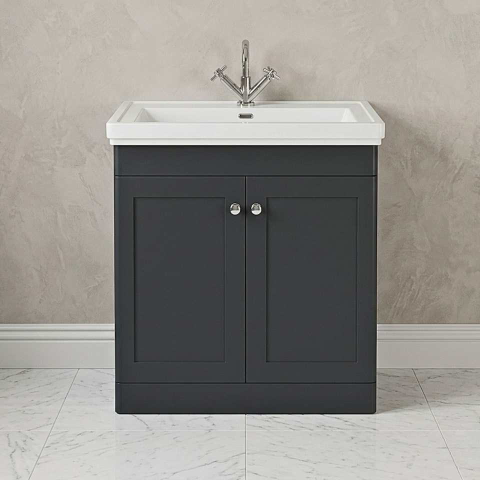 image 1 of Balterley Classic Traditional Bathroom Floor Standing 2-Door Vanity Unit & Fireclay Basin | Grey | Dark Grey