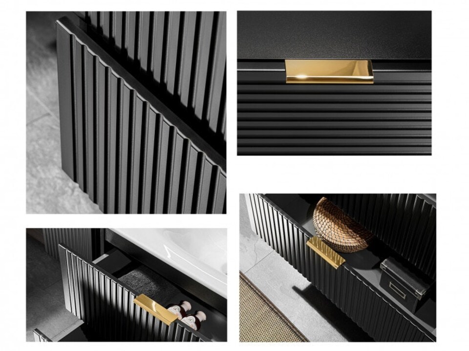 image 1 of Bathroom Vanity Unit 400mm Ribbed Black Modern Wall Floating Cloakroom Cabinet with Sink Basin - Adel