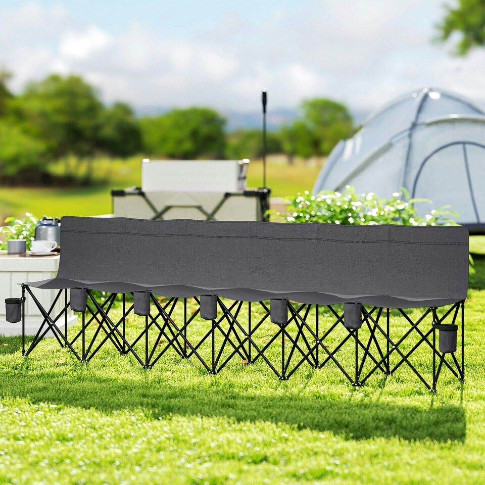 image 1 of Outsunny 6 Seater Folding Bench Camping Chair with Cup Holder, Grey Grey | Charcoal grey