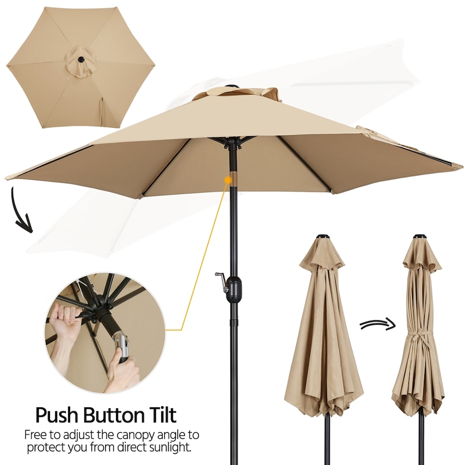 image 1 of Yaheetech 230 cm Patio Umbrella with 6 Ribs Push Button Tilt and Crank-Tan