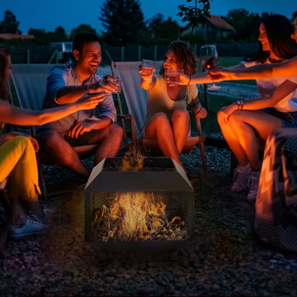 image 1 of Outsunny Metal Firepit Patio Heater Brazier Garden Square Stove Log Wood Burner