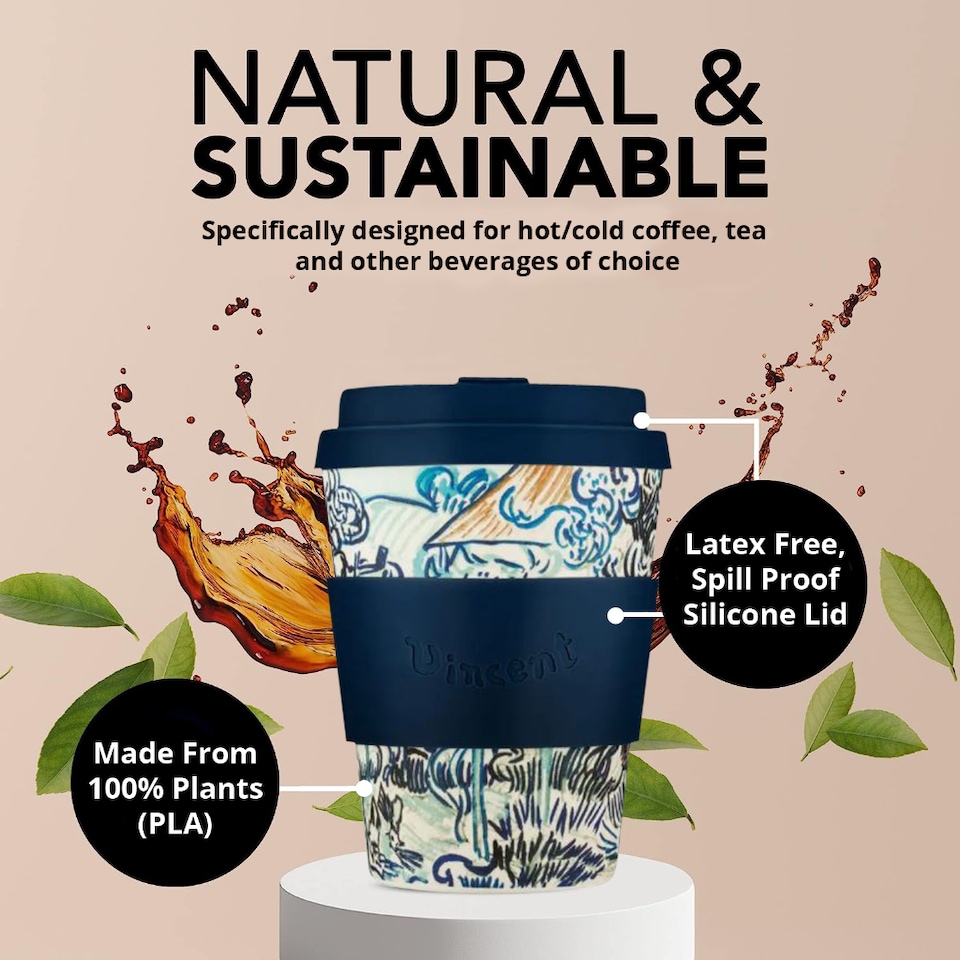 image 1 of Ecoffee Cup 12oz 350ml Van Gogh Design Reusable Eco-Friendly, Plant Based Coffee Cup with Silicone Lid & Sleeve, Old Vineyard with Peasant Woman | Multi | Old Vineyard with Peasant Woman