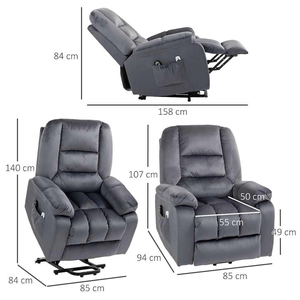 image 1 of HOMCOM Velvet Riser and Recliner Chair for the Elderly, Quick Assembly, Fabric Overstuffed Lift Chair with Vibration Massage and Heat, Remote Control, Side Pockets, Grey