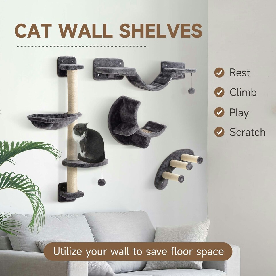 image 1 of PawHut 4-Piece Cat Wall Furniture w/ Hammock, Ladder, Platforms