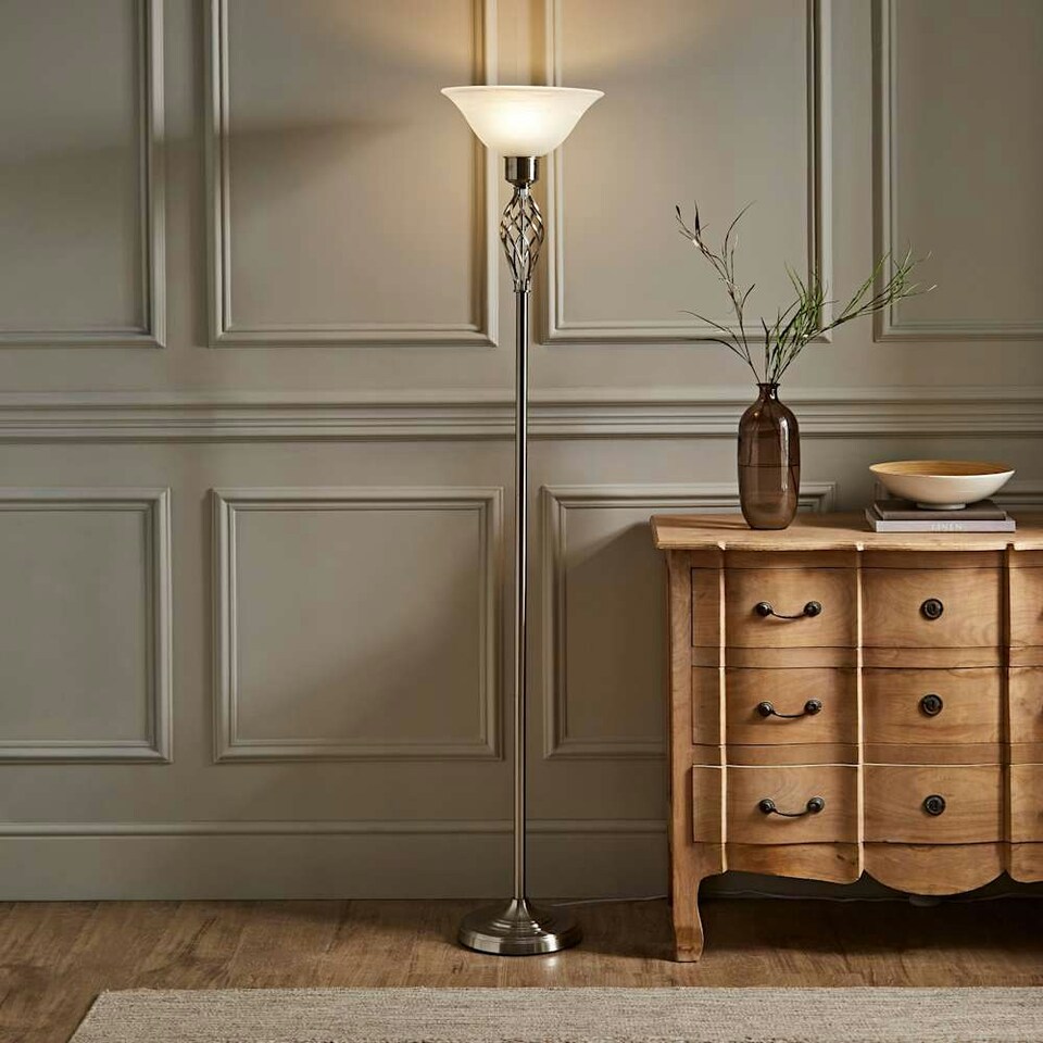 image 1 of ValueLights Traditional Style Satin Nickel Barley Twist Floor Lamp With Frosted Shade | Chrome