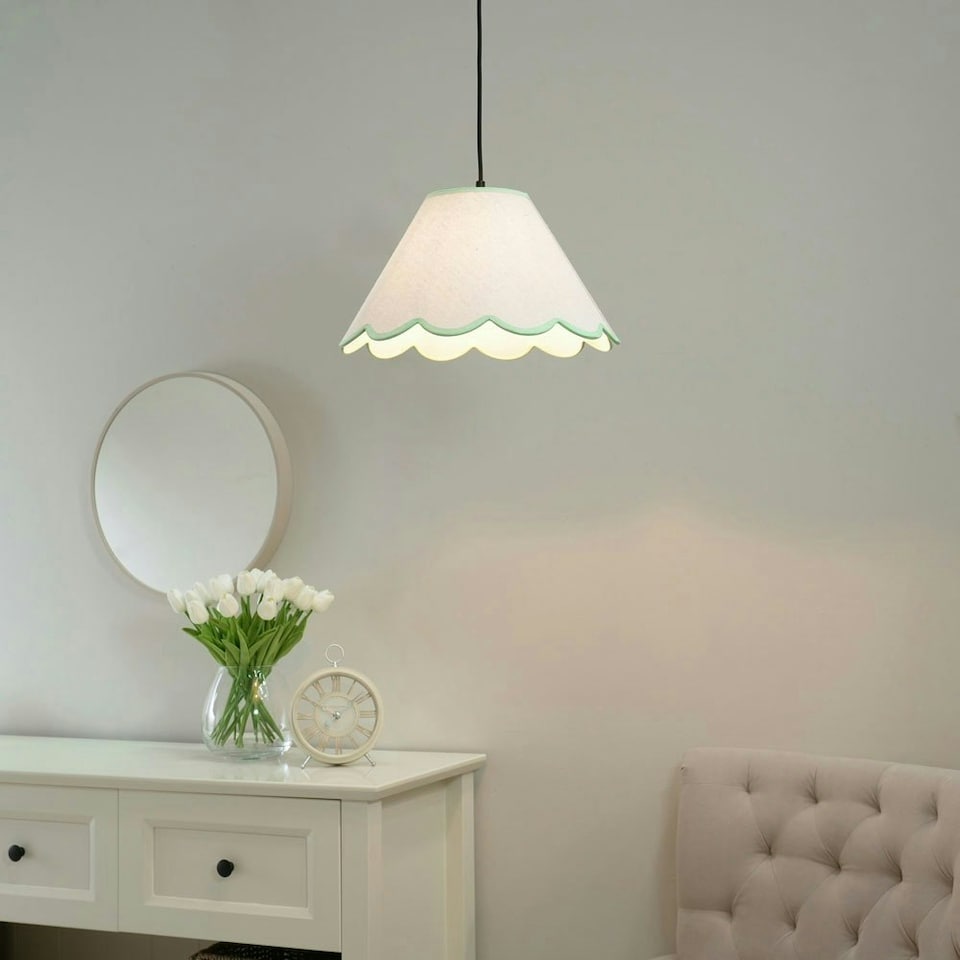 image 1 of ValueLights Florie Natural Linen Large Tapered Lamp Shade with Scallop Green Trim Green