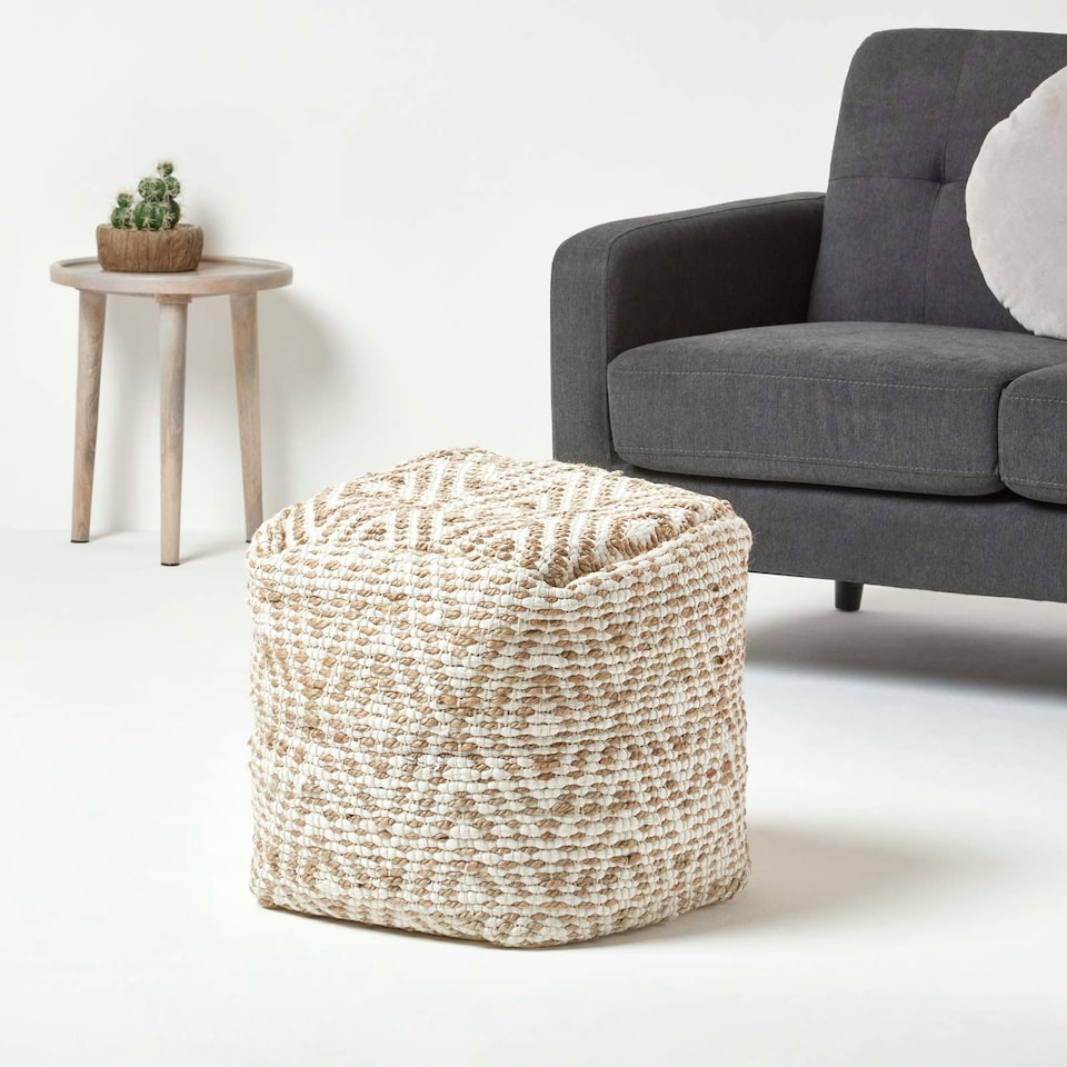 image 1 of Homescapes Sierra Natural Diamond Pattern Jute Square Bean Filled Pouffe - 40 cm
