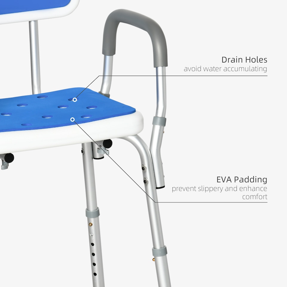 image 1 of HOMCOM EVA Padded Shower Chair for the Elderly and Disabled, Height Adjustable Shower Stool with Back and Arms, 4 Suction Foot Pads, Blue