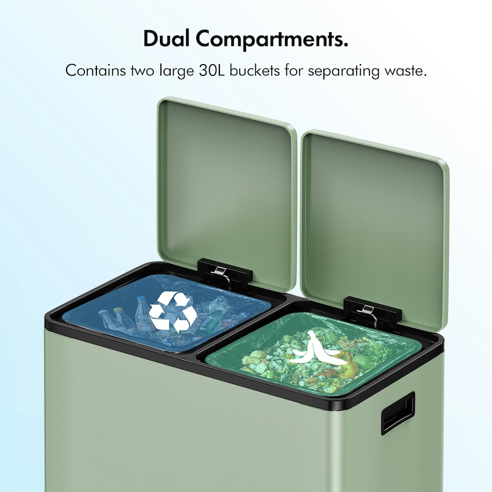 image 1 of VonHaus 60L Sage Green Kitchen Bin, Large 2 Compartment Recycling Bin (2 x 30L) Green