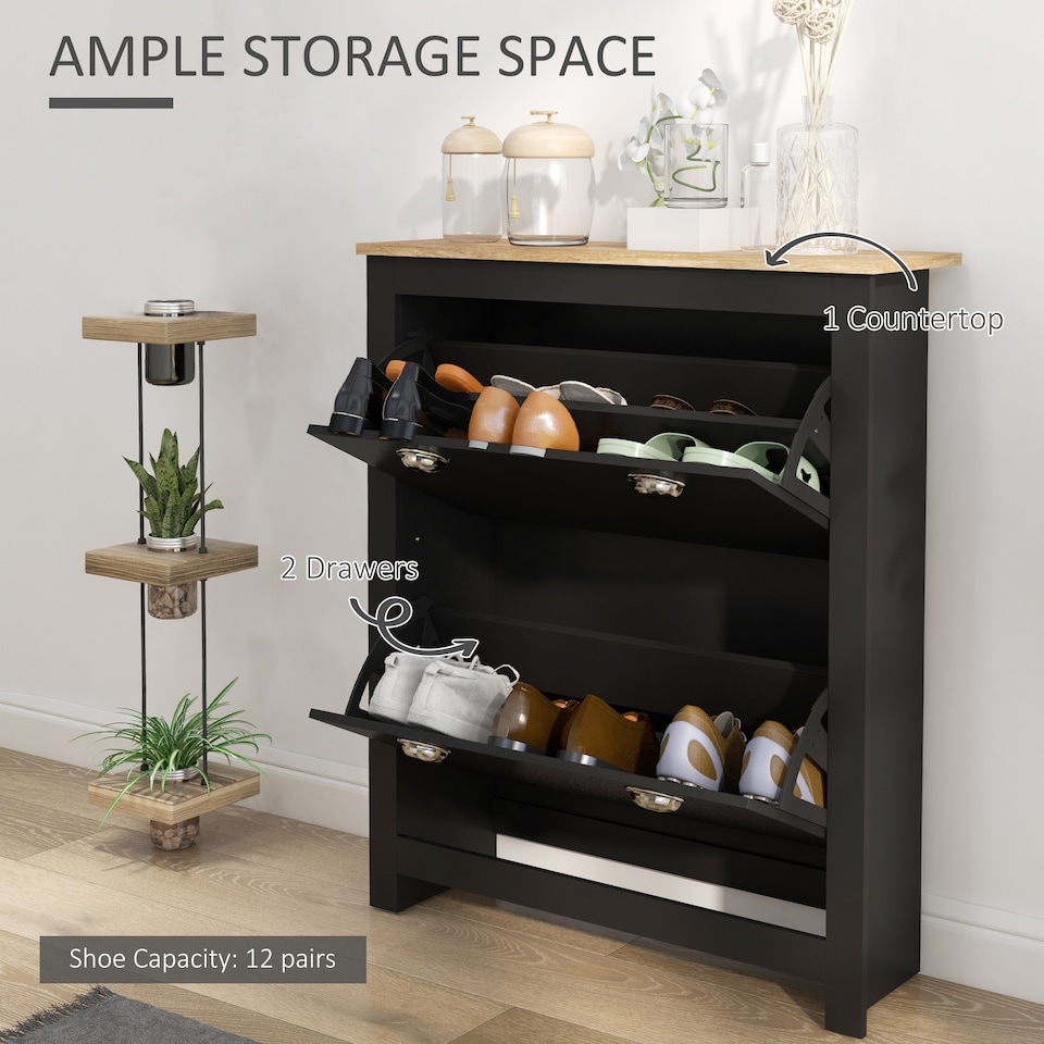 image 1 of HOMCOM 2 Drawer Shoe Cabinet Modern Narrow Shoe Cupboard Hallway Wooden Storage Organiser with Flip Doors Adjustable Shelf for 6-12 Pairs, Black | Black | Black