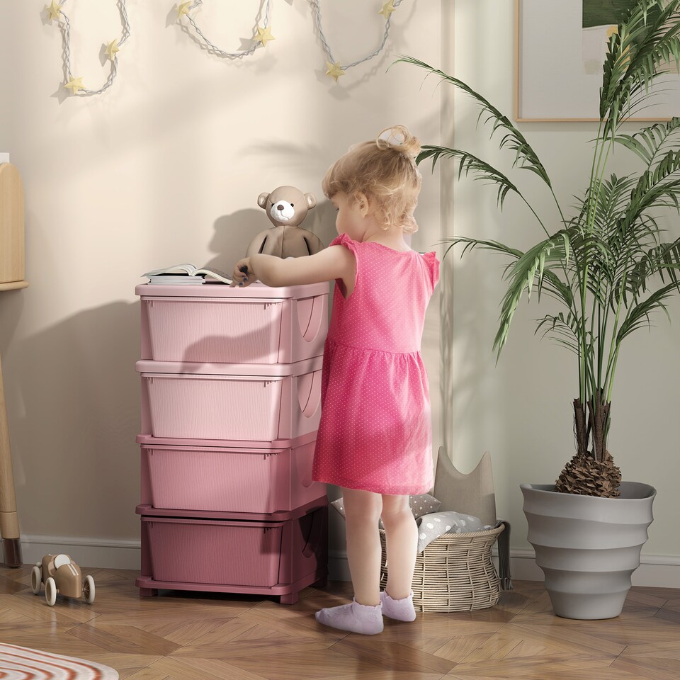 image 1 of HOMCOM 4 Drawers Plastic Storage Units, 4 Tier Kids Storage Units, Children Toy Chest for Nursery, Playroom, Bedroom, Pink | Pink