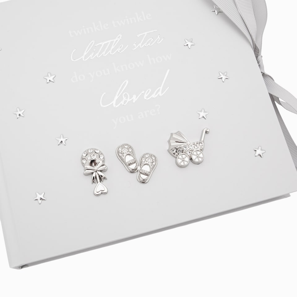 image 1 of Baby Keepsake Photo Album with Silver Plated Rattle Pram and Booties