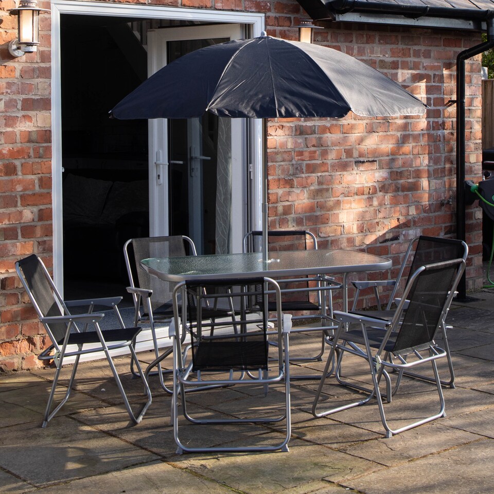 image 1 of 6 Person Garden Furniture Patio Set Table, 6 Chairs & Parasol