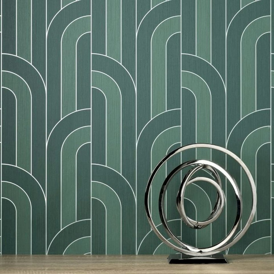 image 1 of Fine Decor Cascade Arch Textured Wallpaper - Emerald Green/Silver - 32.8ft x 21in Green