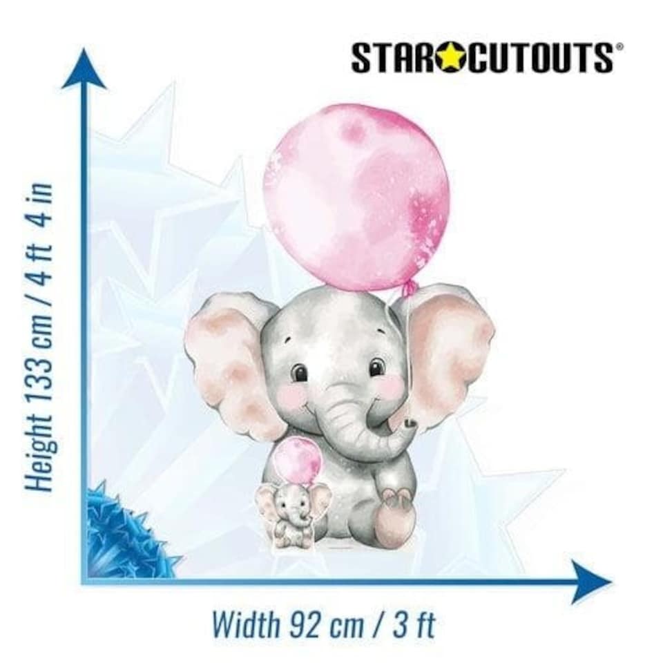 image 1 of Elephant with Pink Balloon Lifesize Cardboard Cutout 133cm | Pink