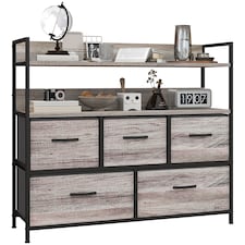 HOMCOM Bedroom Chest of Drawers, Fabric Dresser with 5 Drawers, Storage Organiser Unit with Open Shelves and Metal Frame for Living Room, Entryway, Grey Wood Effect