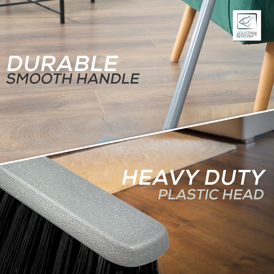 image 1 of Stiff Bristle Indoor Broom Silver Sweeping Brush for Tiles, Wood & Carpet Metal Handle Kitchen Floor Sweeper
