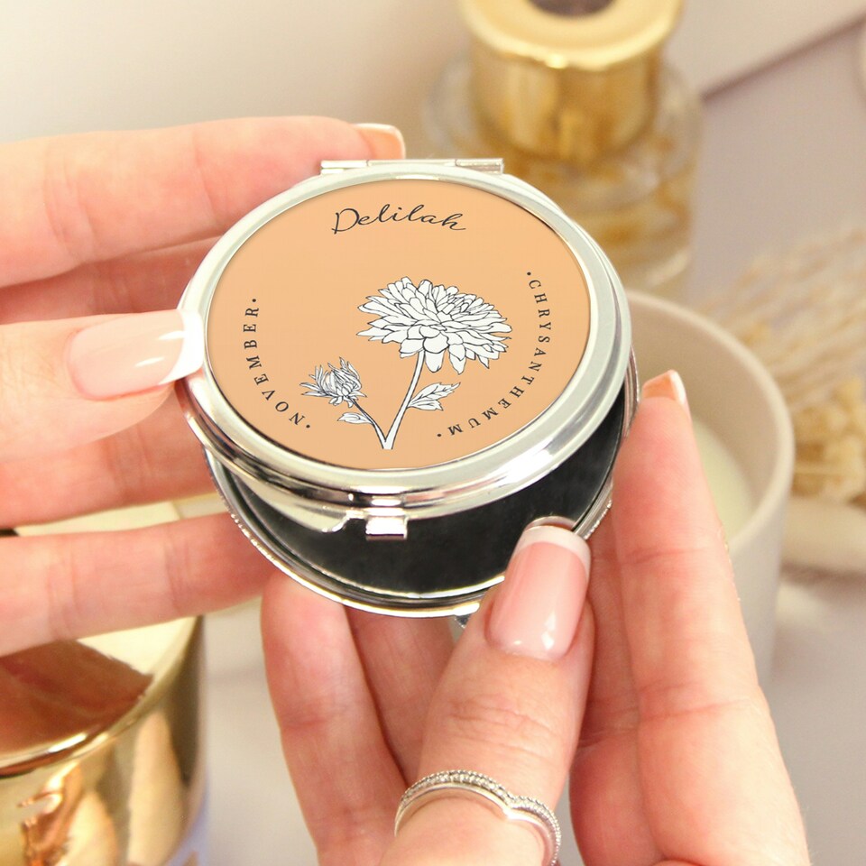 image 1 of Personalised Birth Flower Round Compact Mirror Silver